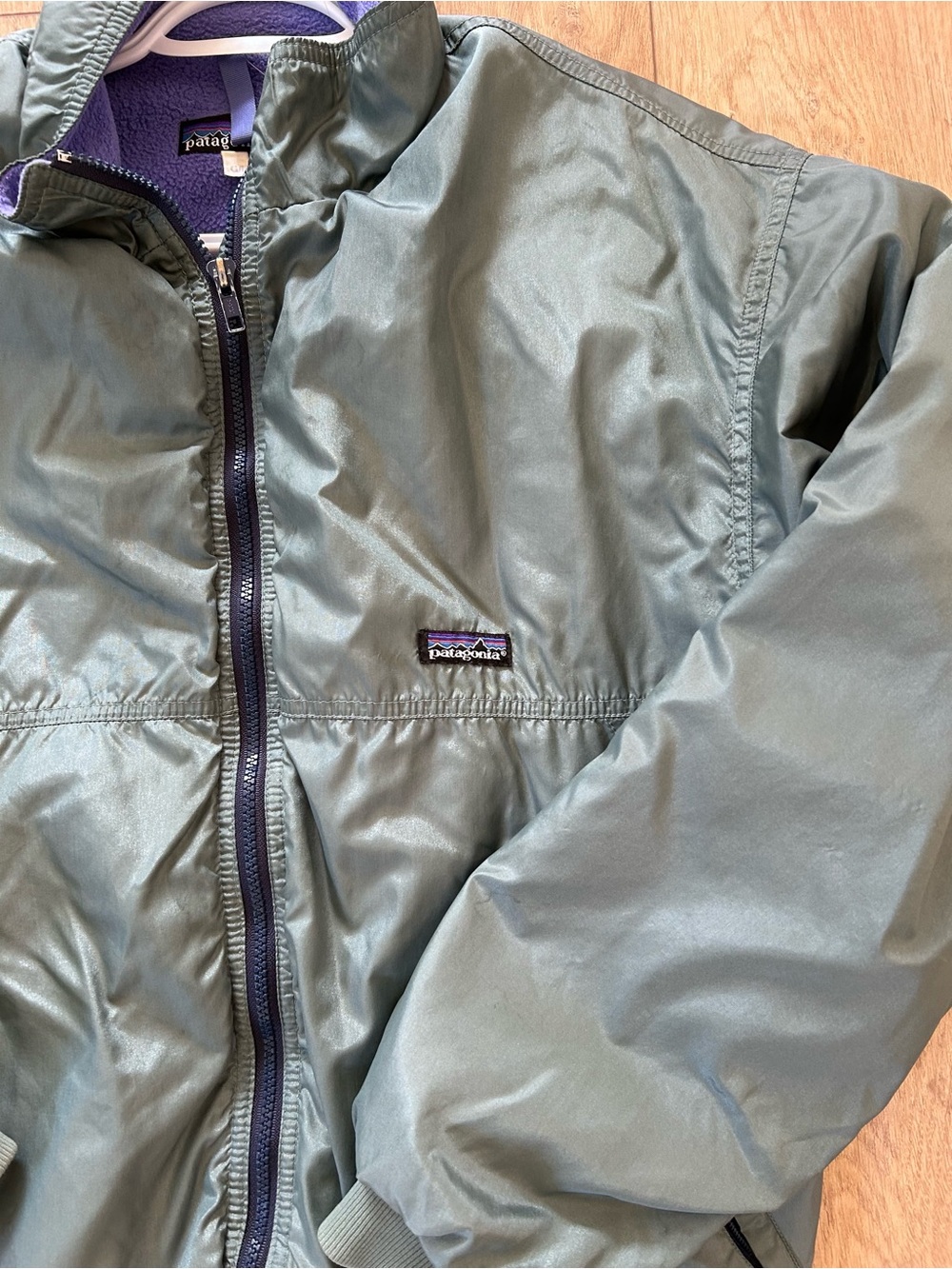 Patagonia Olive Green Bomber Jacket with Purple Lining - Picture 2 of 3